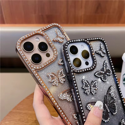 Glitter Butterfly Phone Case with Rhinestone Design and Shock Absorbent Frame