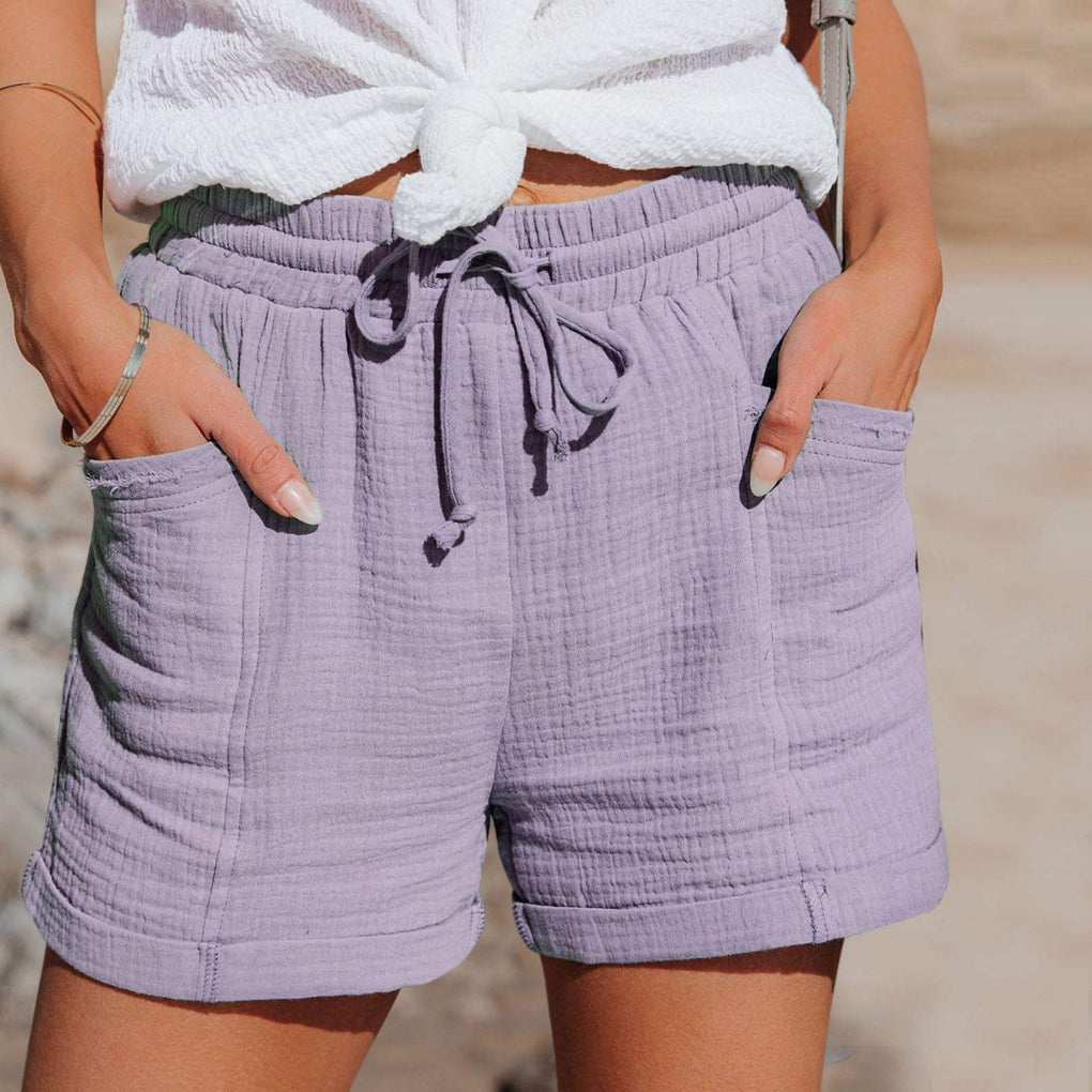 Relaxed Mid Thigh Shorts with Elastic Drawstring and Side Pockets, Breathable Blend