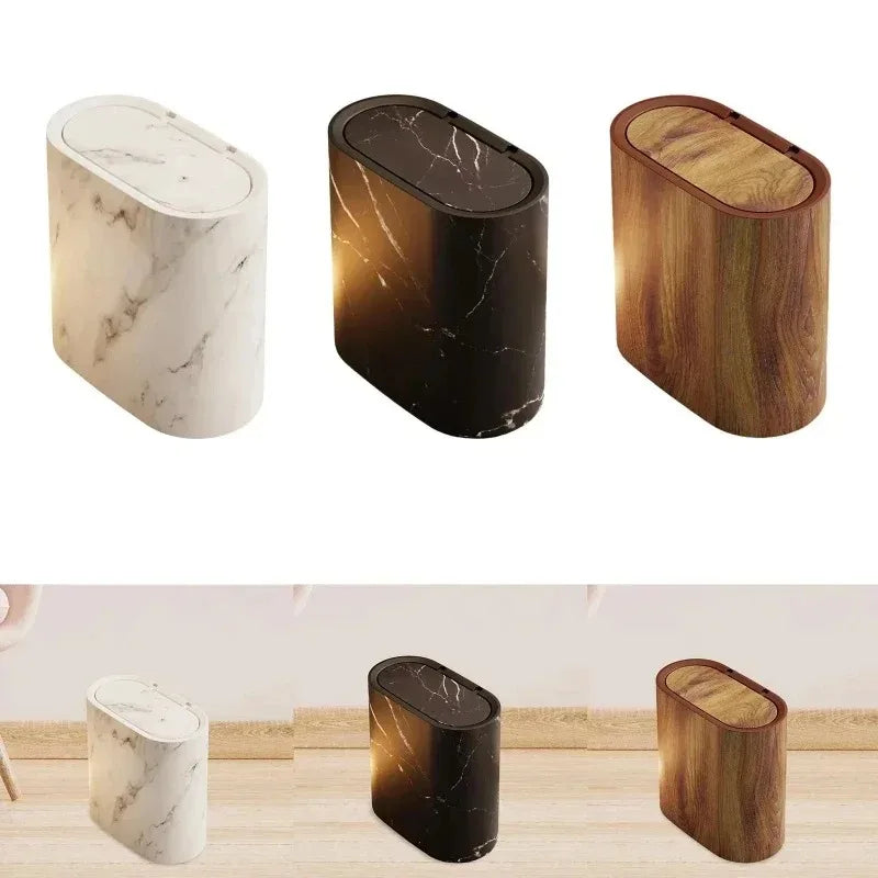 Marble Finish Trash Can with Push Top Lid and Elliptical Shape