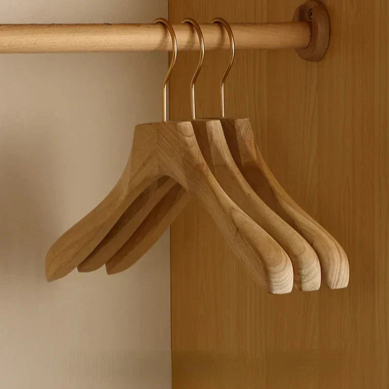 Wide Shoulder Wooden Hangers with Flocked Rod and Camphor Wood, Set of 2