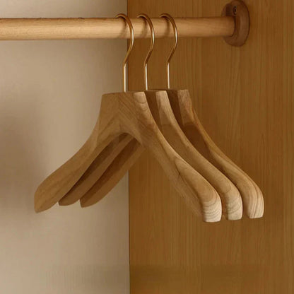 Wide Shoulder Wooden Hangers with Flocked Rod and Camphor Wood, Set of 2
