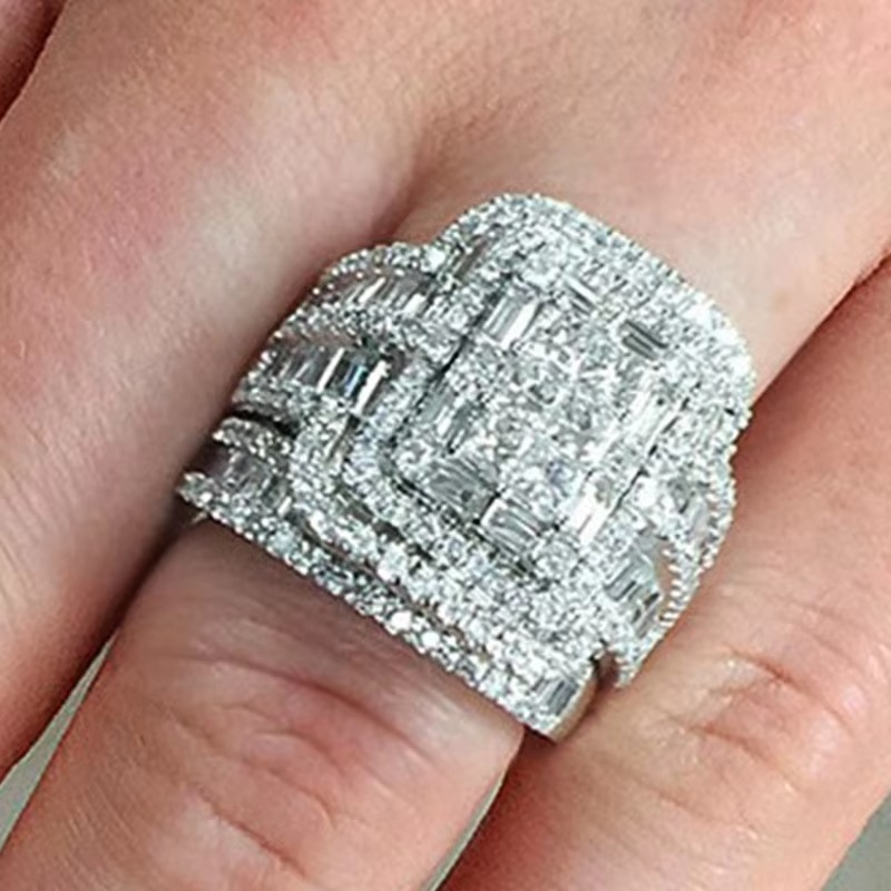 Crystal Bridal Ring Set with Square Center Stone and Halo Accent Design