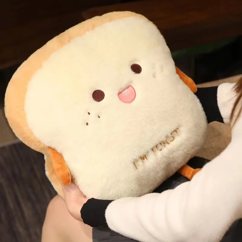 Plush Toast-Shaped Hand Warmer Pillow with Built-in Pocket and Cotton Filling