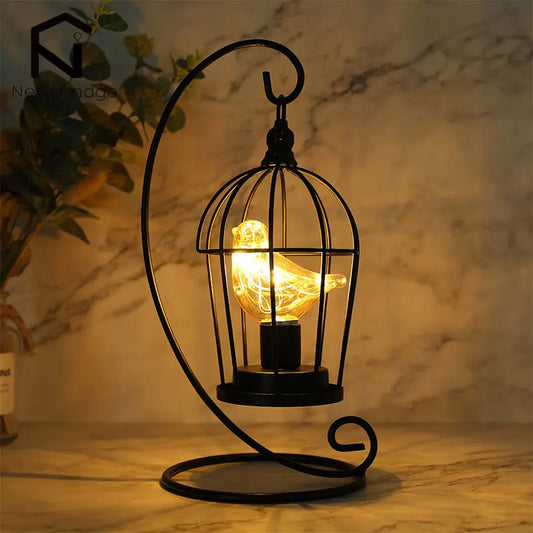 Warm White Fairy Light Table Lamp with Metal Birdcage Frame and Bird Accent