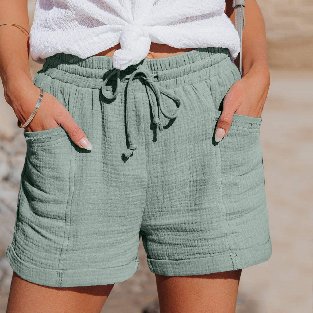 Relaxed Mid Thigh Shorts with Elastic Drawstring and Side Pockets, Breathable Blend
