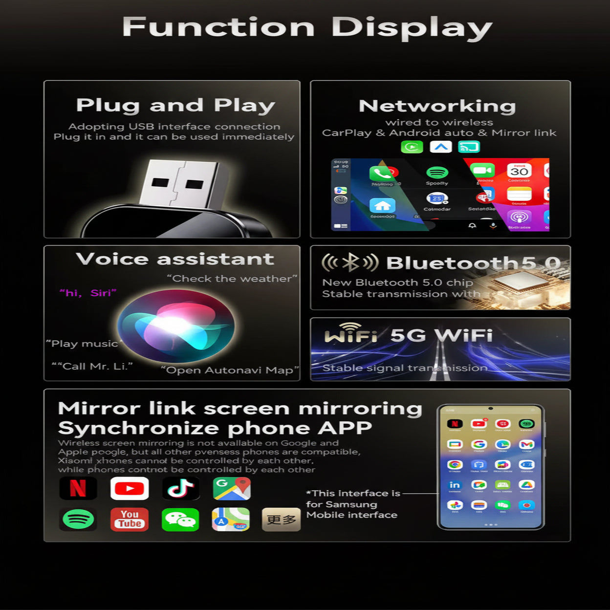 Wireless CarPlay Adapter with Screen Mirroring and Auto Pairing for Factory Systems