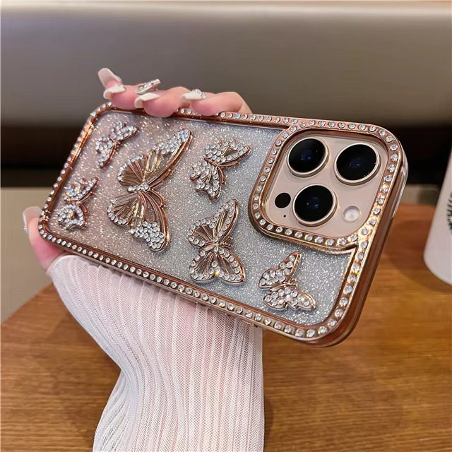 Glitter Butterfly Phone Case with Rhinestone Design and Shock Absorbent Frame