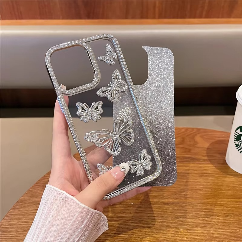 Glitter Butterfly Phone Case with Rhinestone Design and Shock Absorbent Frame