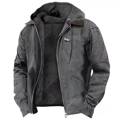 Mens Heavyweight Hooded Workwear Jacket with Insulated Lining and Adjustable Hood