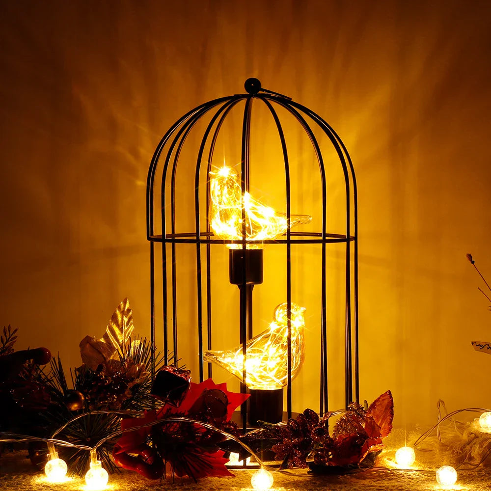Warm White Fairy Light Table Lamp with Metal Birdcage Frame and Bird Accent