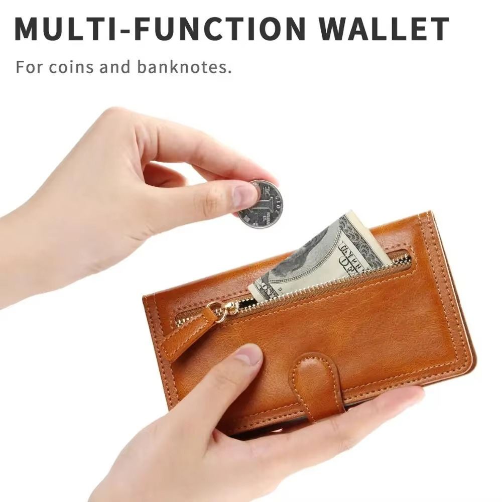 iPhone Wallet Case with Zipper Closure and Built In Stand, Multiple Card Slots