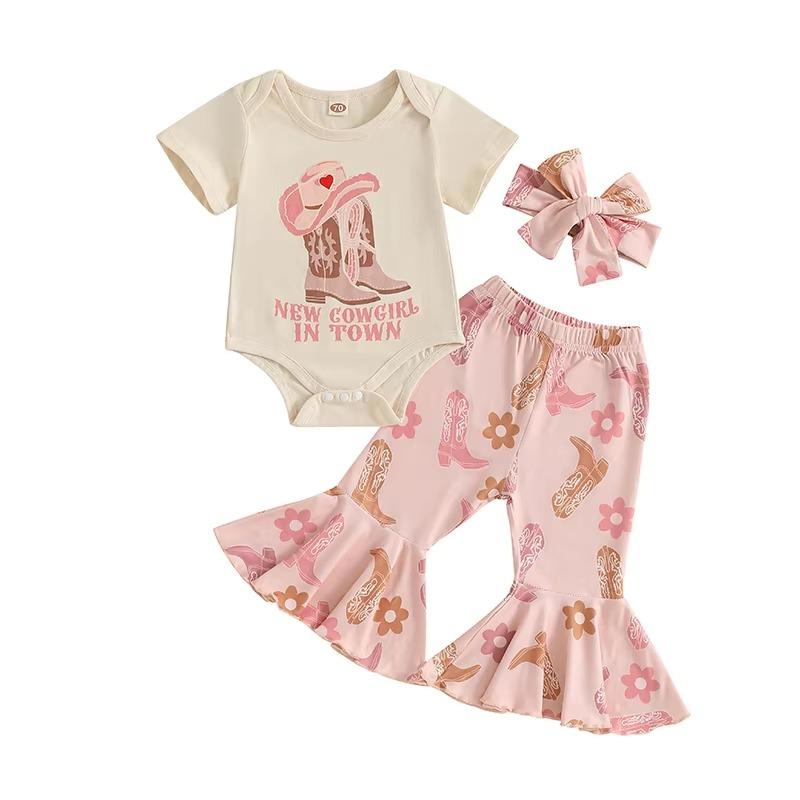 Infant Western Outfit Set with Floral Flare Pants and Matching Bow Headband