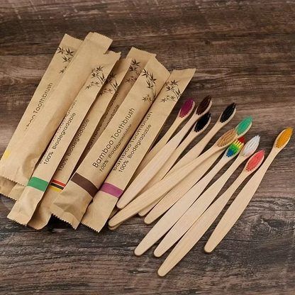 Bamboo Handle Toothbrush Set of 10 with Soft Bristles and Individual Packaging