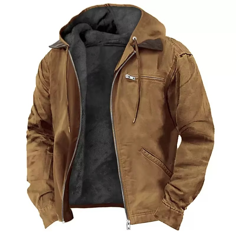 Mens Heavyweight Hooded Workwear Jacket with Insulated Lining and Adjustable Hood