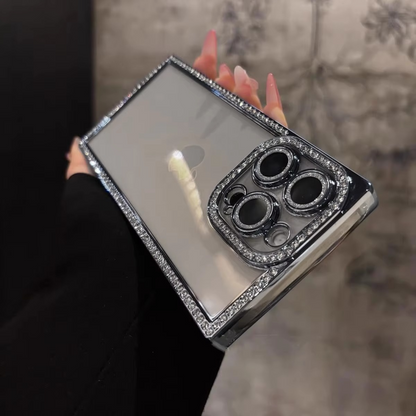 Rhinestone iPhone Case with Clear Silicone Bumper and Square Frame Design