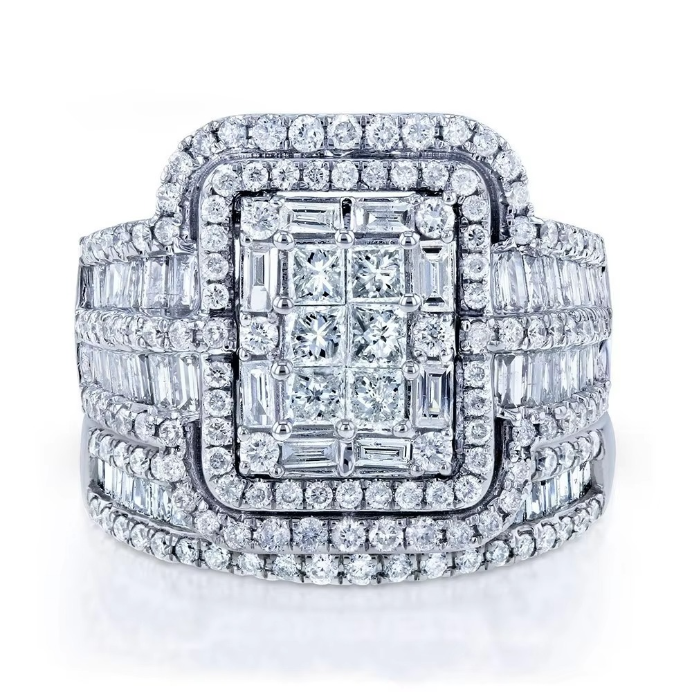 Crystal Bridal Ring Set with Square Center Stone and Halo Accent Design