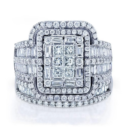 Crystal Bridal Ring Set with Square Center Stone and Halo Accent Design