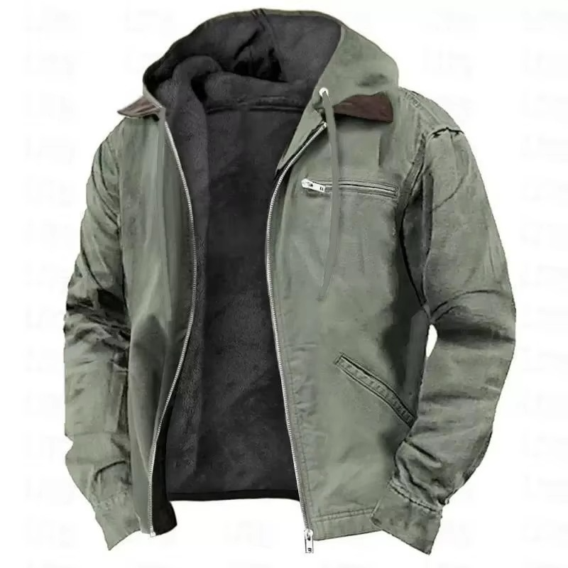 Mens Heavyweight Hooded Workwear Jacket with Insulated Lining and Adjustable Hood