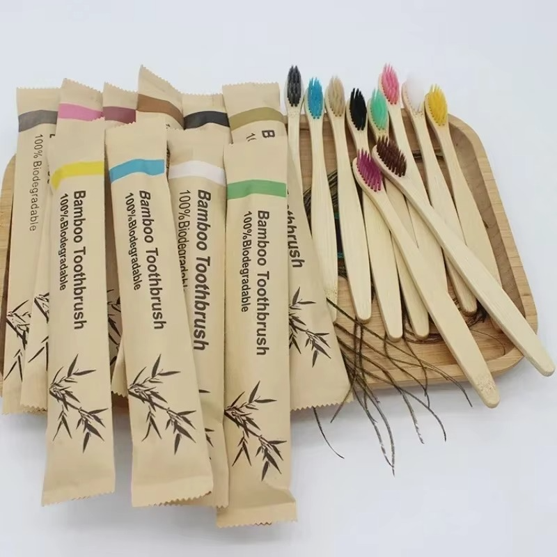 Bamboo Handle Toothbrush Set of 10 with Soft Bristles and Individual Packaging