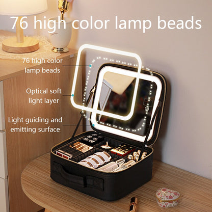 Makeup Organizer Case with Adjustable LED Mirror and Multiple Compartments
