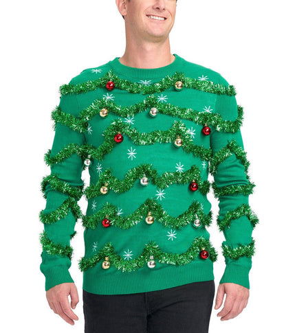 Green Christmas Tree Sweater for Men with Tinsel Garland and Shiny Baubles for Holiday Parties