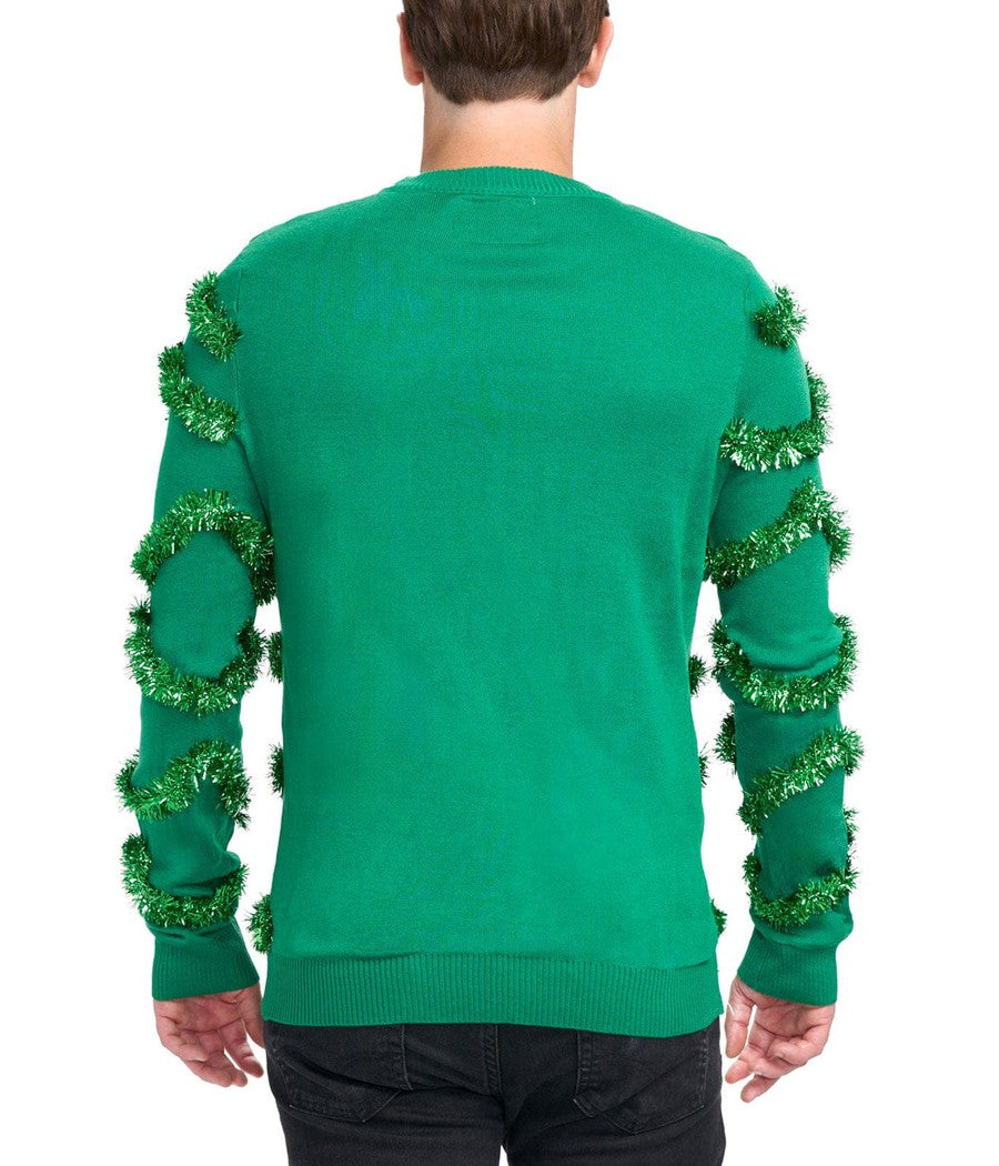 Green Christmas Tree Sweater for Men with Tinsel Garland and Shiny Baubles for Holiday Parties