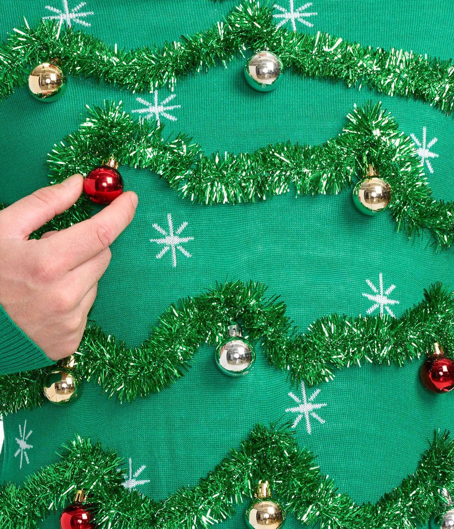 Green Christmas Tree Sweater for Men with Tinsel Garland and Shiny Baubles for Holiday Parties