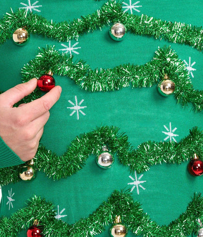 Green Christmas Tree Sweater for Men with Tinsel Garland and Shiny Baubles for Holiday Parties