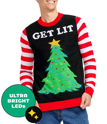 Christmas Tree Sweater for Men with LED Lights and Candy Cane Sleeves for Holiday Parties