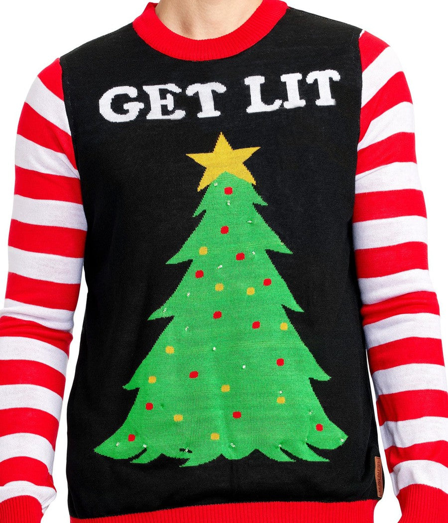 Christmas Tree Sweater for Men with LED Lights and Candy Cane Sleeves for Holiday Parties