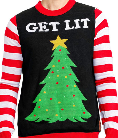Christmas Tree Sweater for Men with LED Lights and Candy Cane Sleeves for Holiday Parties
