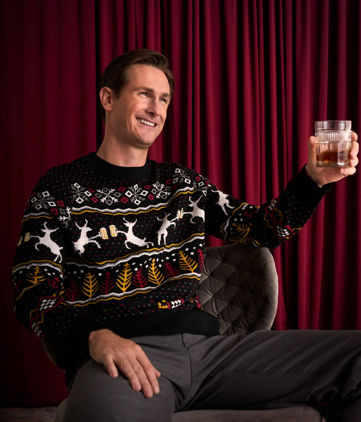 Mens Christmas Sweater with Deer Mugs Trees and Snowflakes in Fluffy Knit for Holiday Parties