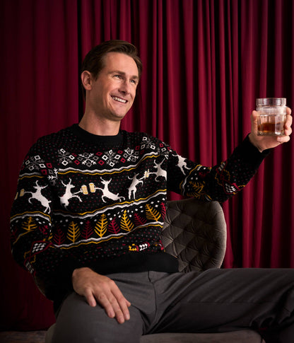 Mens Christmas Sweater with Deer Mugs Trees and Snowflakes in Fluffy Knit for Holiday Parties