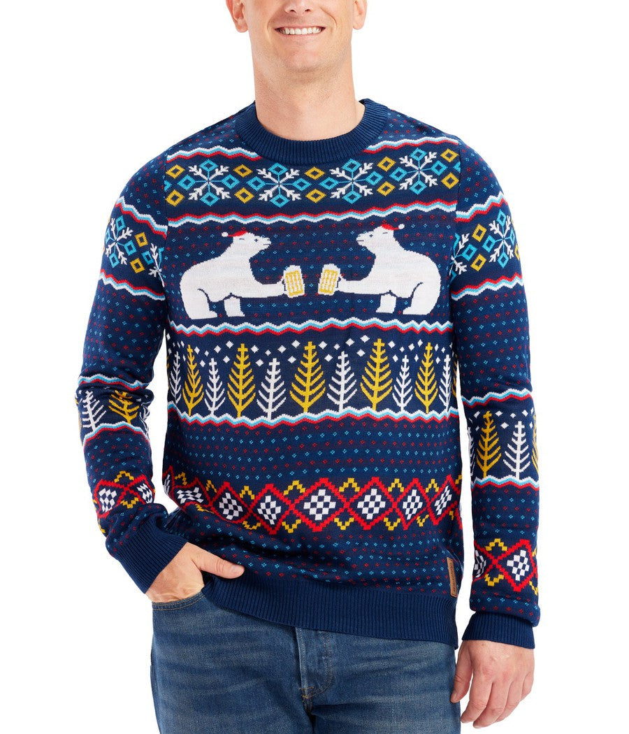 Mens Christmas Sweater with Toasting Polar Bears in Santa Hats on Fair Isle Pattern