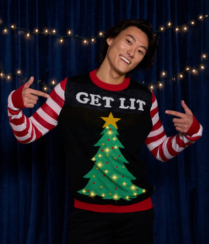 Christmas Tree Sweater for Men with LED Lights and Candy Cane Sleeves for Holiday Parties