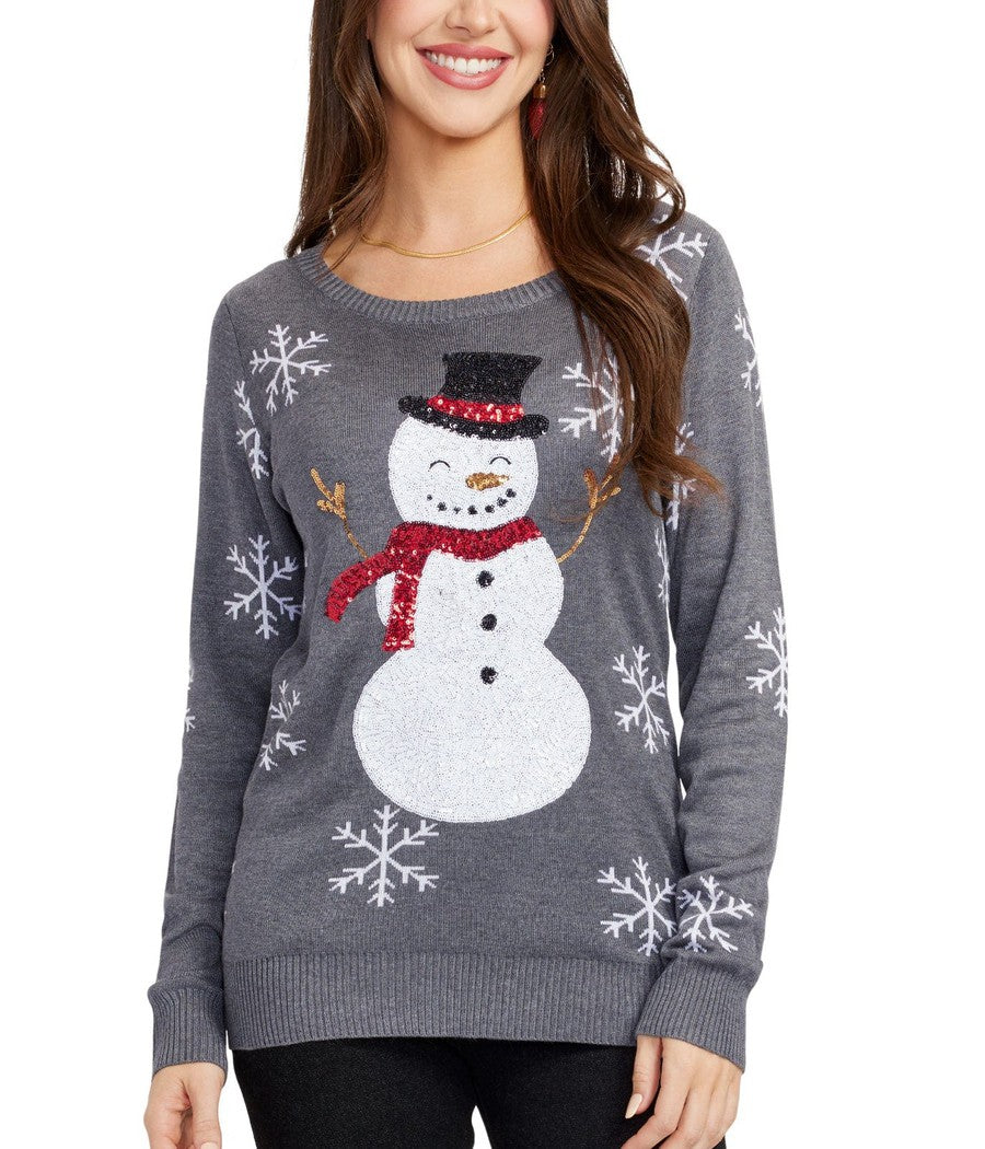 Womens Gray Christmas Sweater with Snowman Design and Sequined Snowflakes on the Sleeves