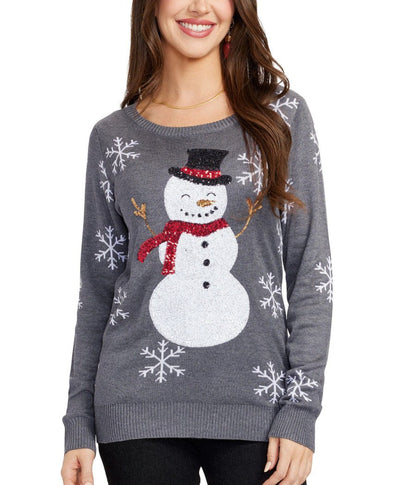 Womens Gray Christmas Sweater with Snowman Design and Sequined Snowflakes on the Sleeves