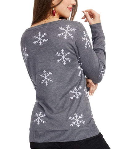 Womens Gray Christmas Sweater with Snowman Design and Sequined Snowflakes on the Sleeves