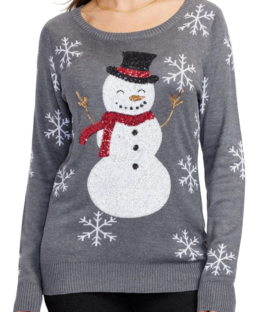 Womens Gray Christmas Sweater with Snowman Design and Sequined Snowflakes on the Sleeves