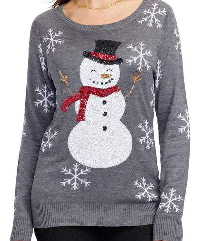 Womens Gray Christmas Sweater with Snowman Design and Sequined Snowflakes on the Sleeves