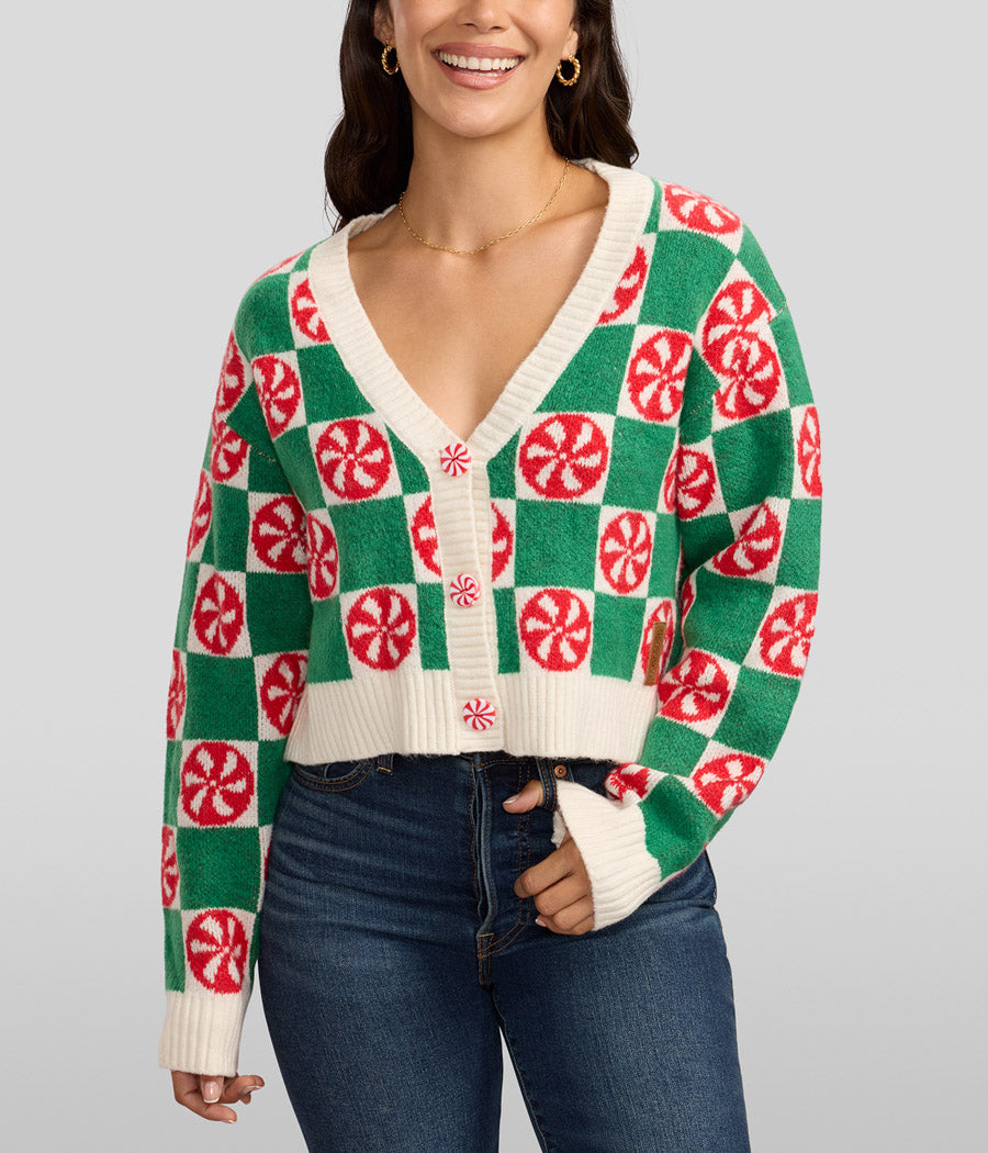 Womens Cropped Cardigan Sweater with Mint Green Checkered Pattern for Cool Weather