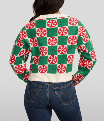 Womens Cropped Cardigan Sweater with Mint Green Checkered Pattern for Cool Weather