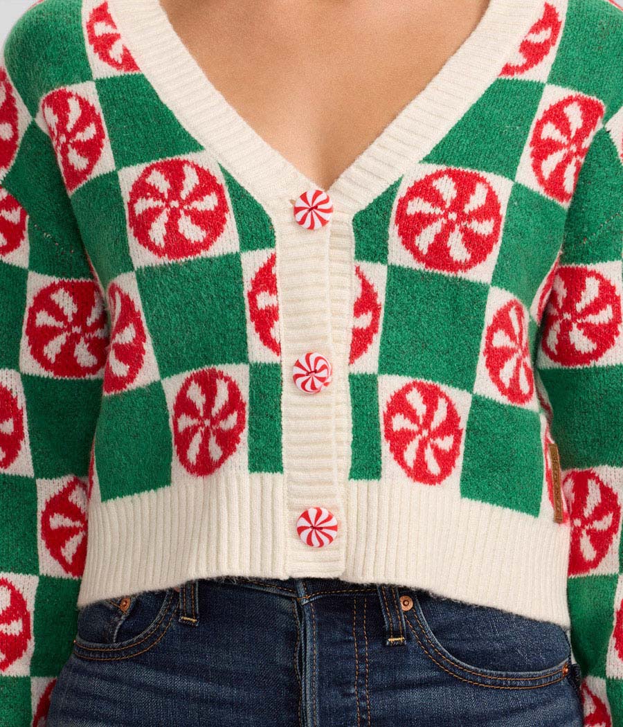 Womens Cropped Cardigan Sweater with Mint Green Checkered Pattern for Cool Weather