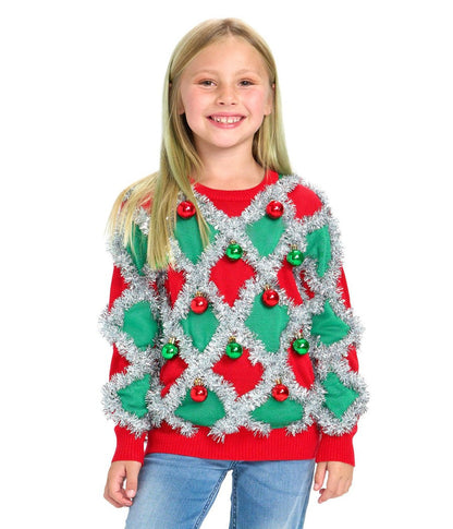 Girls Shimmering Tinsel Christmas Sweater in Red and Green for Holiday Events