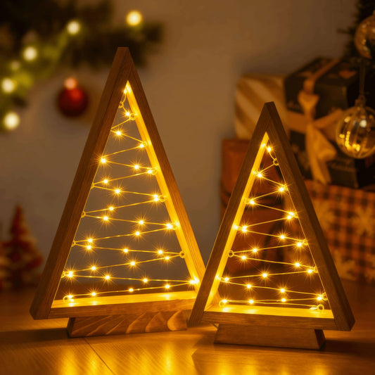 Set of Two Wooden Look Triangle Trees with Golden Fairy Lights, 14 Inches and 10 Inches Tall
