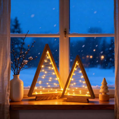 Set of Two Wooden Look Triangle Trees with Golden Fairy Lights, 14 Inches and 10 Inches Tall