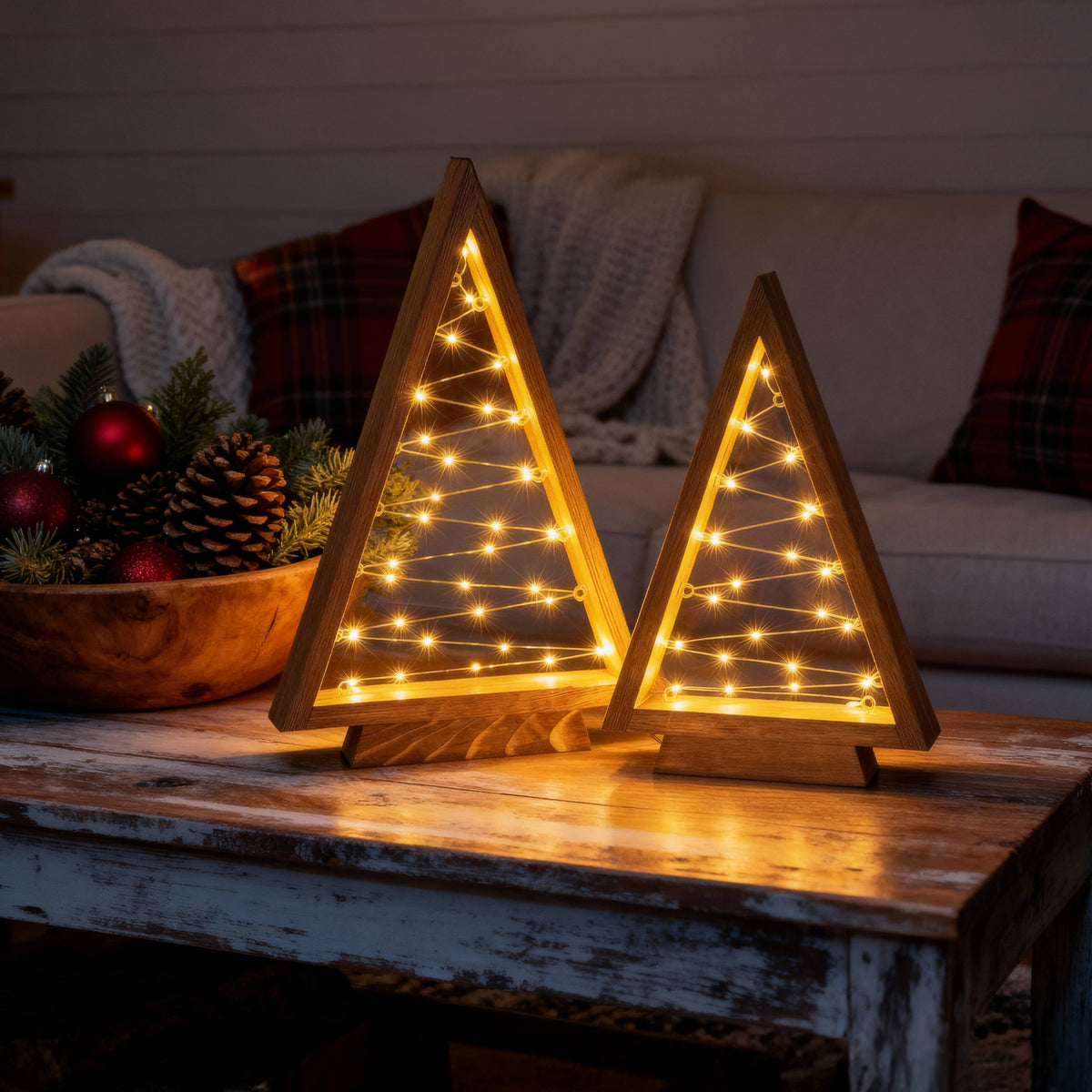 Set of Two Wooden Look Triangle Trees with Golden Fairy Lights, 14 Inches and 10 Inches Tall