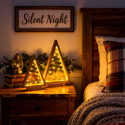 Set of Two Wooden Look Triangle Trees with Golden Fairy Lights, 14 Inches and 10 Inches Tall