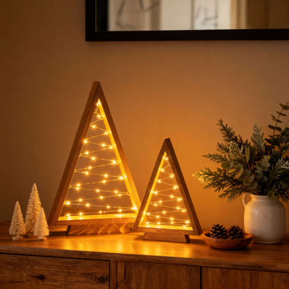 Set of Two Wooden Look Triangle Trees with Golden Fairy Lights, 14 Inches and 10 Inches Tall