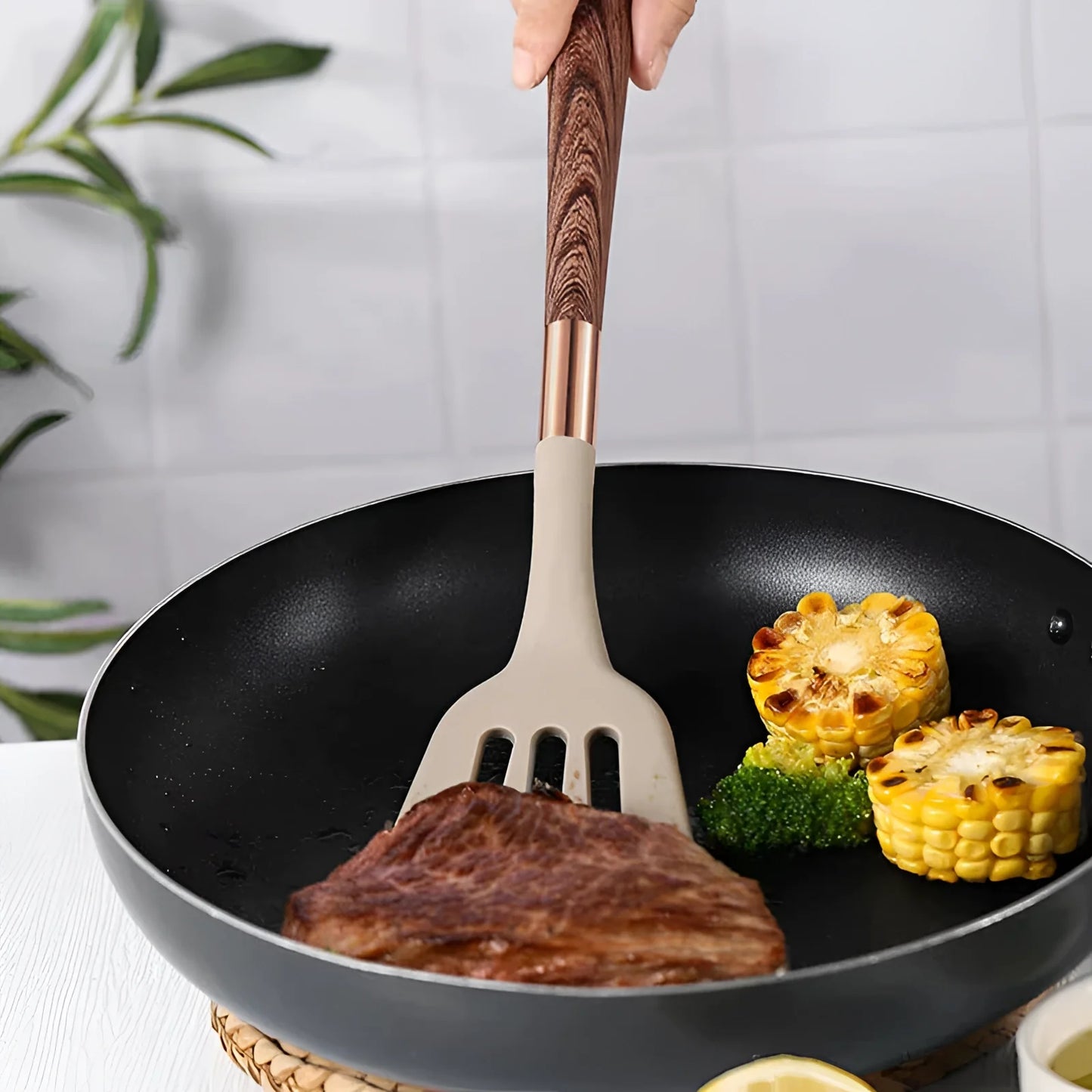 Silicone Kitchen Utensils Set with Wooden Handles and Copper Accents, 10-Piece
